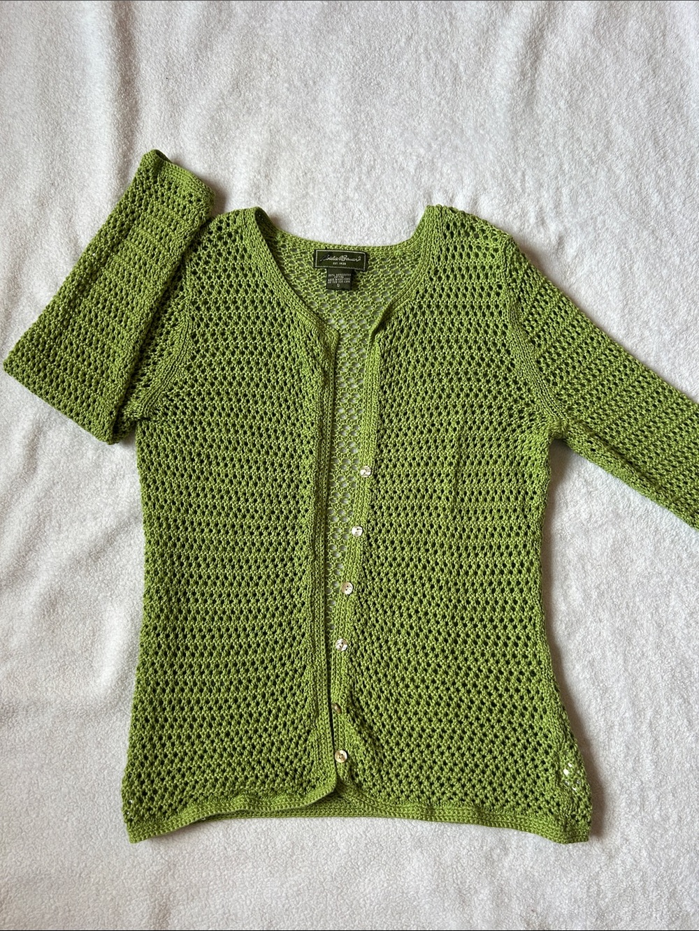 Vintage Y2K Eddie Bauer Open Knit Crochet Green Cardigan